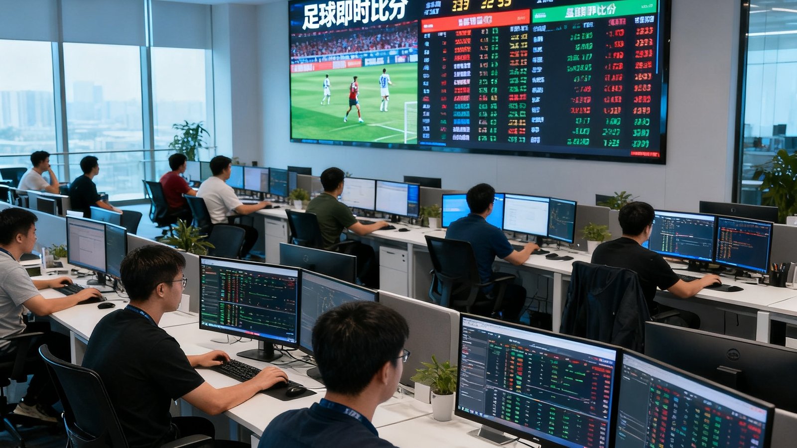 VSport北京总部开放式办公区内，数十名数据工程师坐在双显示器工作站前，专注地分析着来自全球各大赛事的实时数据流，大屏幕上滚动显示着足球和篮球的即时比分。