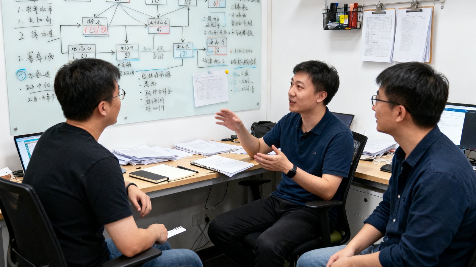 VSport三位创始人在中关村狭小的共享办公室中围坐讨论产品原型，白板上画满了赛事数据流转的结构图和比分更新逻辑。