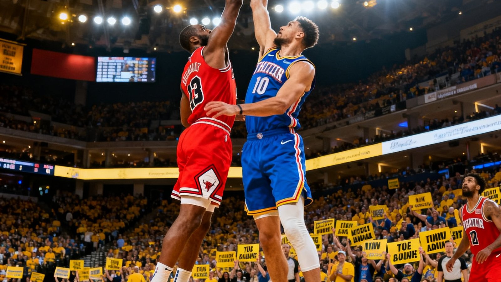 NBA季后赛赛场上，两名球员正在激烈对抗争夺篮板球，球场灯光璀璨，观众席座无虚席，气氛紧张热烈。