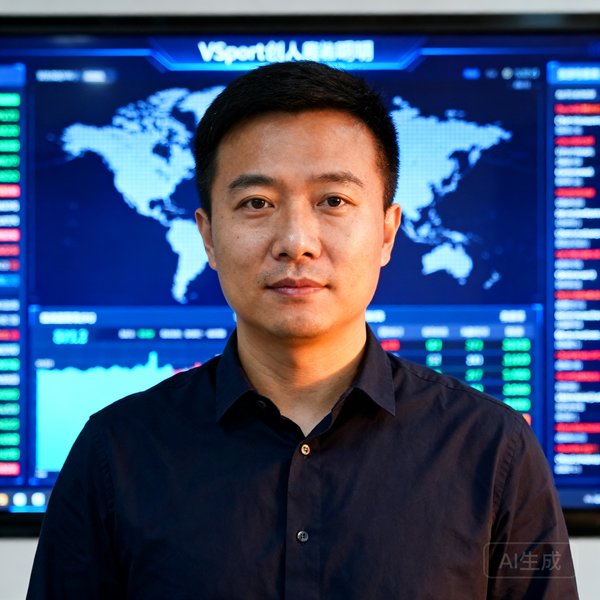 VSport创始人张明远正面半身肖像，他身着深色衬衫站在数据大屏前，背景显示着全球实时比分滚动画面，神情专注而坚定。