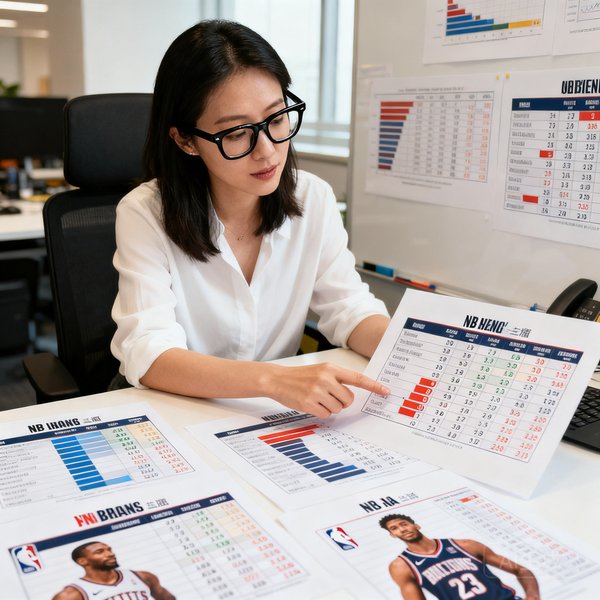 联合创始人李思涵戴着黑框眼镜，面前摆放着多份NBA球员数据图表，她正用手指着其中一组效率值数据进行分析。