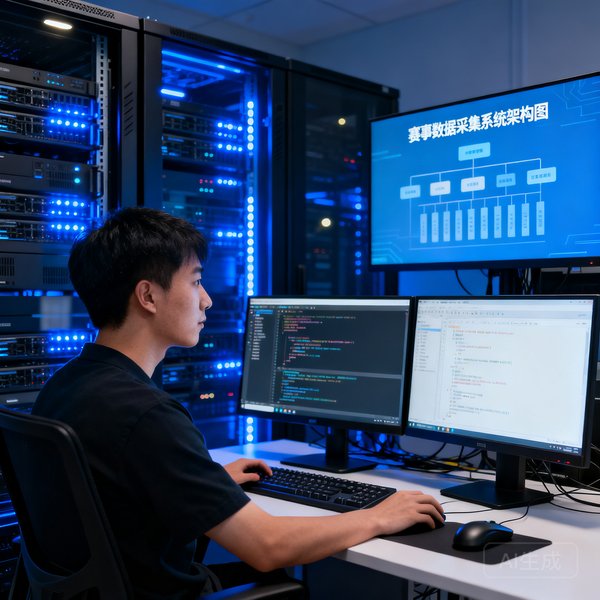全栈工程师王浩然坐在双显示器前编写代码，身后机架上服务器指示灯闪烁蓝色光芒，屏幕上显示着赛事数据采集系统的架构图。